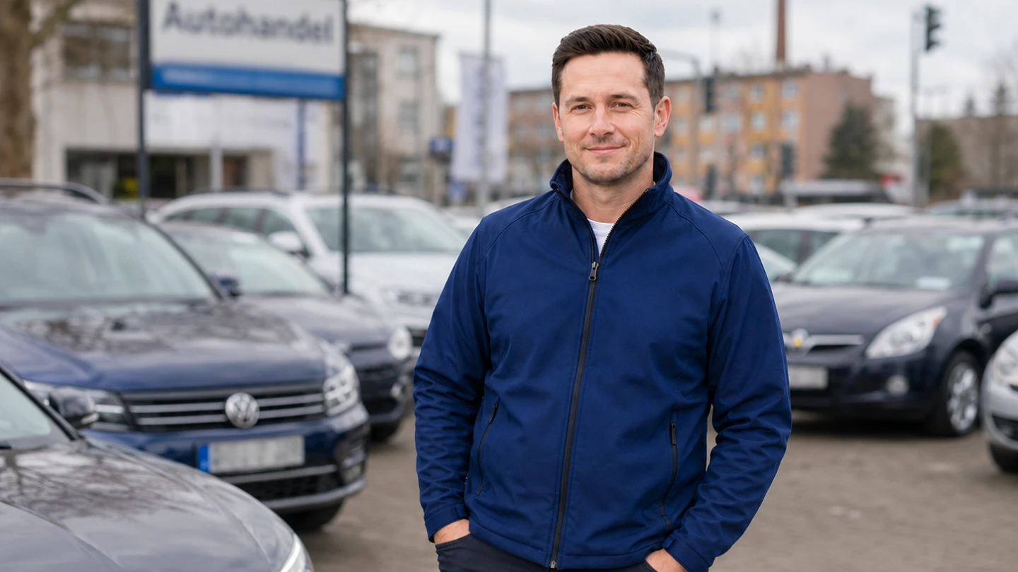 Autohändler vor Gebrauchtwagen