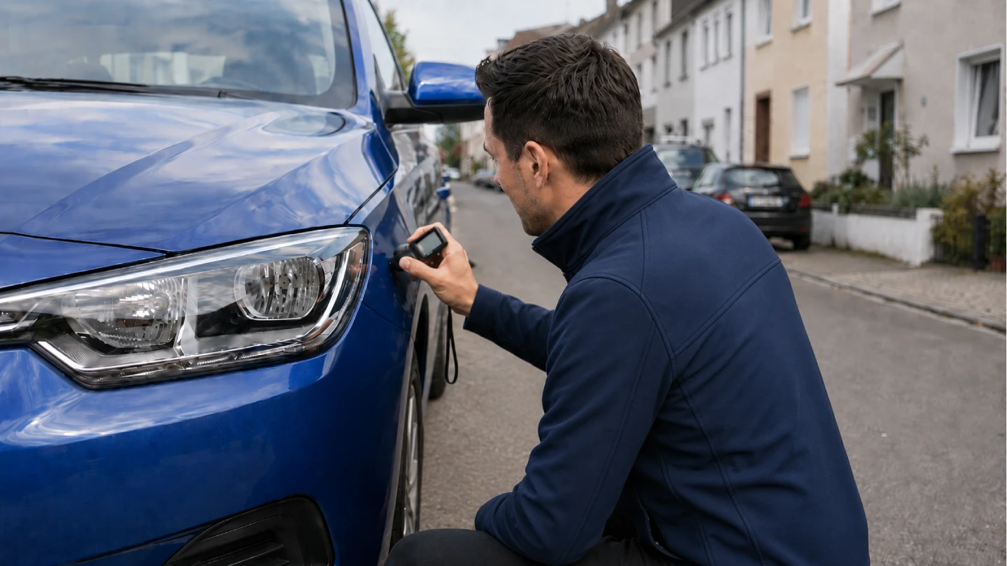 KFZ-Händler misst Lackdicke an blauem Auto mit Messgerät